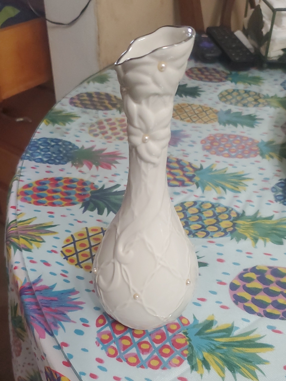 Lenox White Ceramic Bud Vase with Pearl Accents and Silver Rim